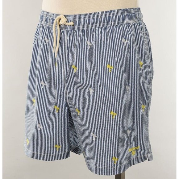BARBOUR Navy Blue PALM TREE STRIPE Cotton Blend 5" Swim Shorts XL NWT - Picture 1 of 2